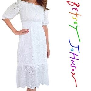 Betsy‎ Johnson Off the Shoulder Cotton MIDI Dress White Cottagecore Extra Small